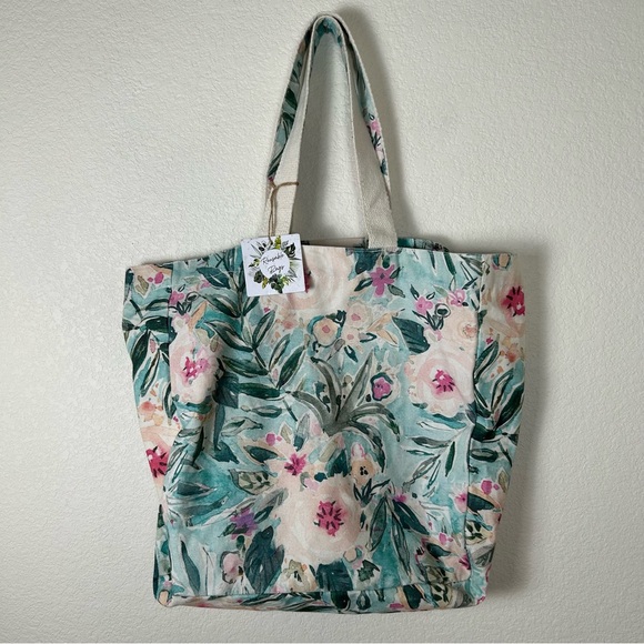 Large Boho, Beach, Cottage core vacation floral canvas tote bag with tag - Picture 1 of 7